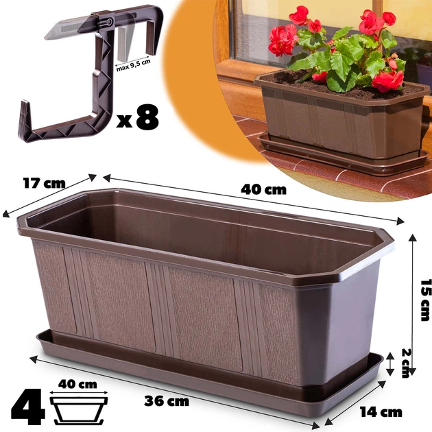 Doniczka balkonowa z uchwytami Kadax Oste 40 cm 4 szt Brązowa (K8224) (5903699475164) - obraz 2
