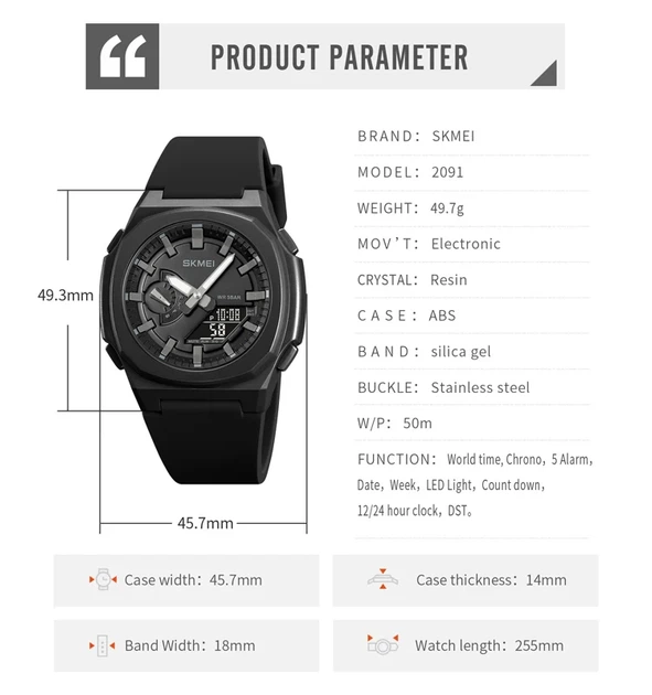 Чоловічий наручний годинник Skmei 2091 цифровий електронний спортивний Black Grey Black, 2091BKGYBK (19153) - зображення 6
