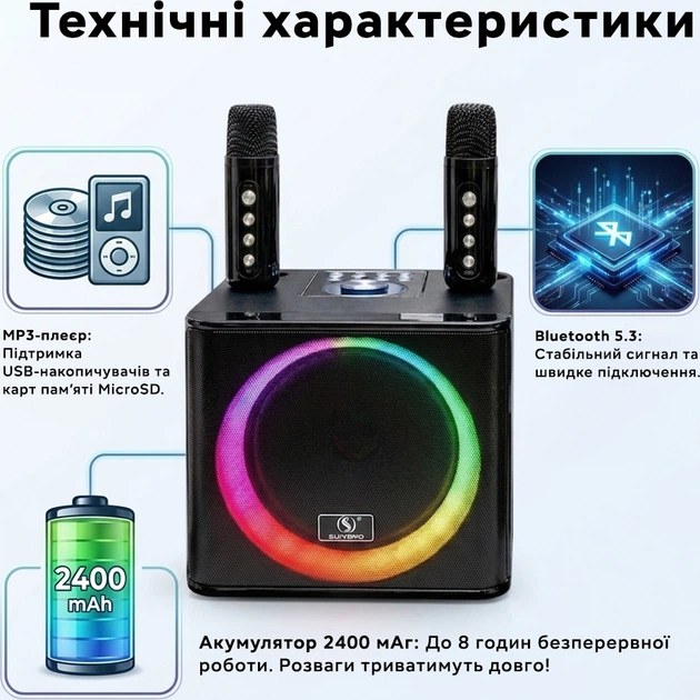 Караоке-система Inspire YS-309 Black с микрофонами и RGB подсветкой (YS-309-black) - изображение 6