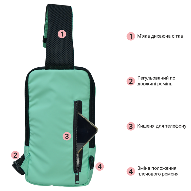 Рюкзак через плече (слінг) Derby 012602 Sling Green — жиночій міський однолямковий рюкзак, Oxford 600D TPU бірюзовий - зображення 4