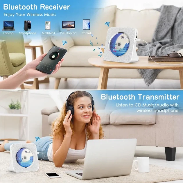CD плеер Bluetooth колонка USB AUX FM радио с динамиками музыкальный проигрыватель от сети настенный монтаж для дома с пультом Type-C от сети - изображение 4
