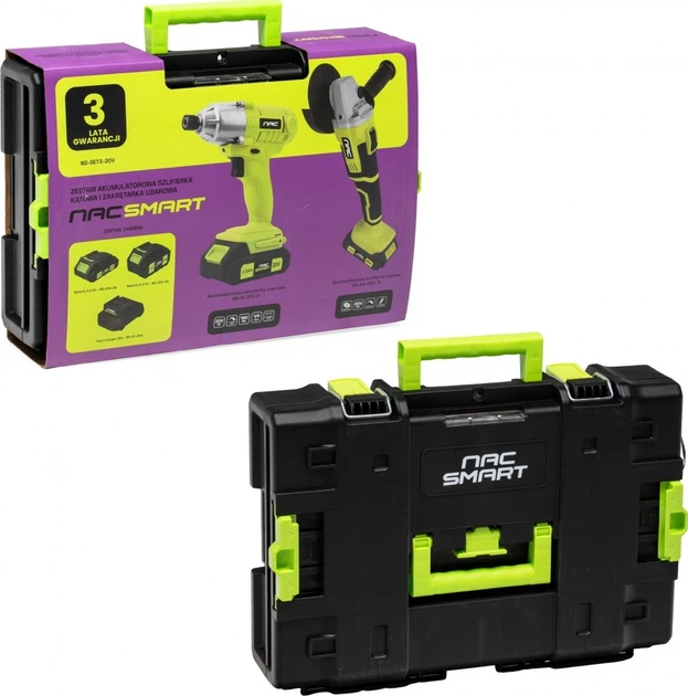 Набір Nac SMART NS-SET3-20V ударний гайковерт + кутова шліфувальна машина + 2 акумулятори + швидкий зарядний пристрій 20 В (5905842533394) - зображення 2