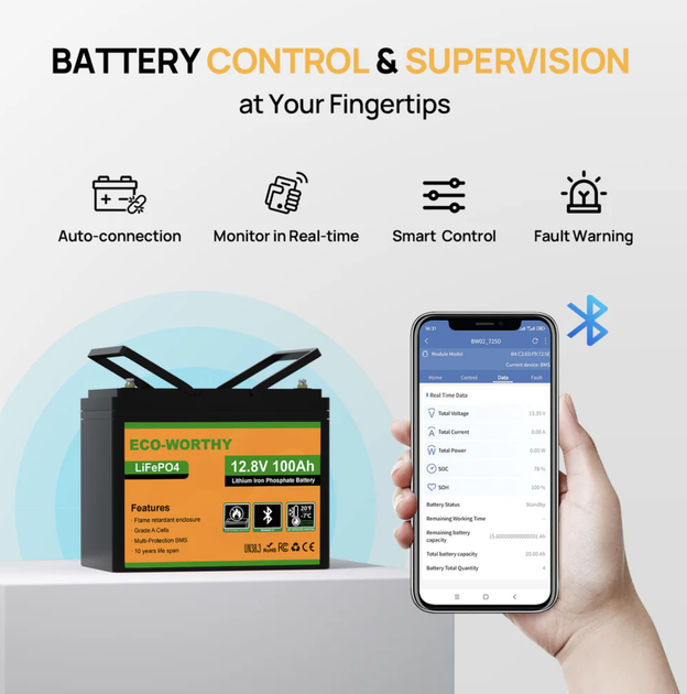 Акумулятор Eco-Worthy LiFePO4 12V 100Ah Bluetooth - зображення 2