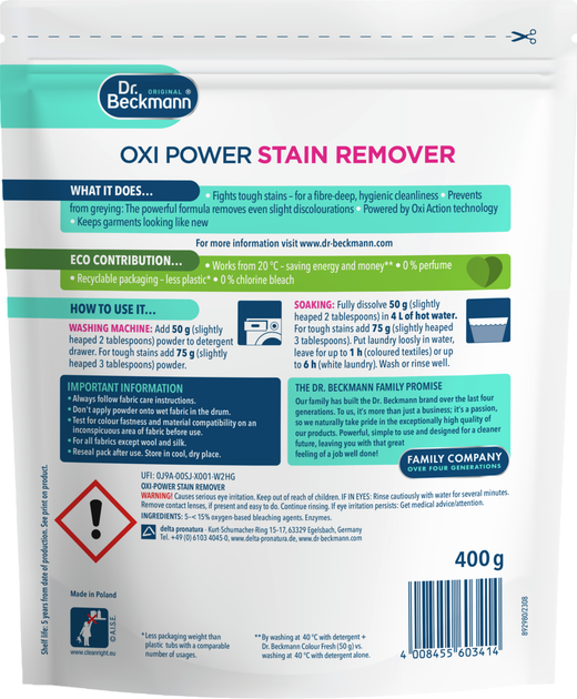 Плямовивідник Dr. Beckmann Oxi-Power для стійких забруднень і плям 400 г (4008455603414) - зображення 2