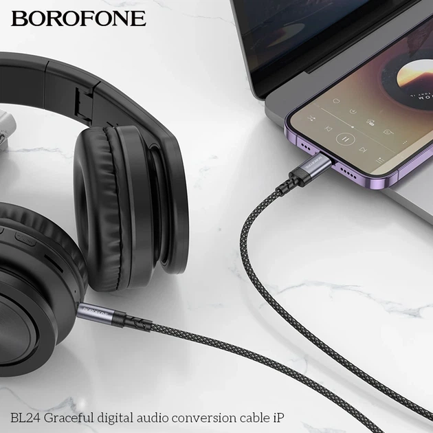 Аудіокабель BOROFONE BL24 iP to 3.5mm male, nylon braid, 1m, Metal Grey - Фото 8 Аудіокабель BOROFONE BL24 iP to 3.5mm male, nylon braid, 1m, Metal Grey - изображение 8
