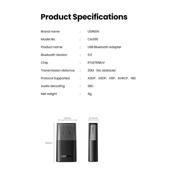 Адаптер UGREEN CM390 USB Bluetooth 5.0 Adapter (UGR-80889) - Фото 11 Адаптер UGREEN CM390 USB Bluetooth 5.0 Adapter (UGR-80889) - зображення 11