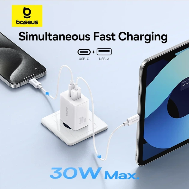 Мережевий зарядний пристрій Baseus Cube Fast Charger C+U 30W EU Moon White - Фото 12 Мережевий зарядний пристрій Baseus Cube Fast Charger C+U 30W EU Moon White - изображение 12