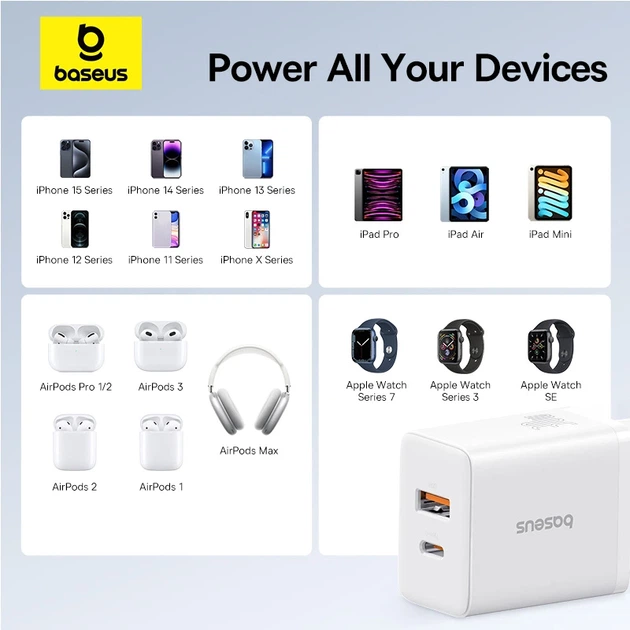 Мережевий зарядний пристрій Baseus Cube Fast Charger C+U 30W EU Moon White - Фото 13 Мережевий зарядний пристрій Baseus Cube Fast Charger C+U 30W EU Moon White - изображение 13