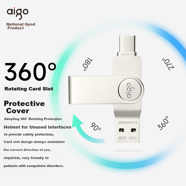 Aigo 64GB Type-C USB3.2 Mobile Flash Drive U356 Cool High-Speed Version Silver Dual Interface USB Drive for Phones And Computers New Upgrade 220MB/s - изображение 8