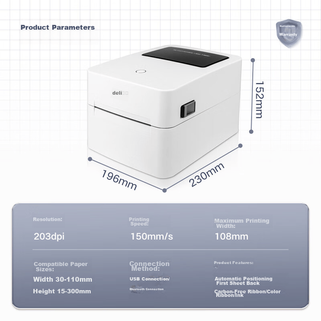 Высокоскоростной термопринтер для этикеток с лотком для бумаги Deli DL-750W, принтер для печати наклеек и штрихкодов Express Warehouse Logistics Fixed Asset Voucher 108mm Commercial Office Printing Sticker Barcode Printer, Bluetooth Versio - изображение 4