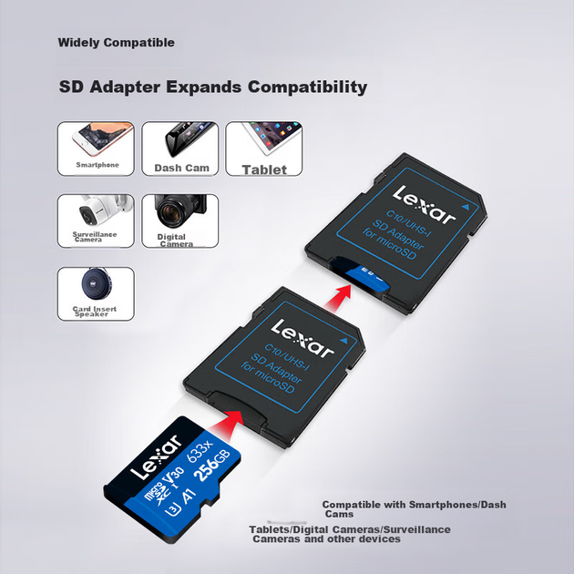 Карта пам'яті Lexar 256 ГБ TF (MicroSD) C10 U3 V30 A1 Високошвидкісна карта пам'яті, швидкість читання 100 МБ/с, міцна та стабільна (633x) - зображення 3