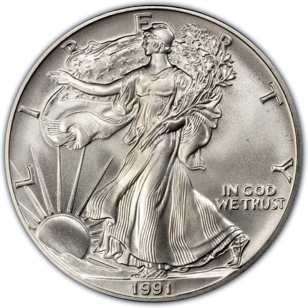 Колекційна срібна монета "Американський Орел Liberty" 31,1 г 1991 рік - Фото 1 Колекційна срібна монета "Американський Орел Liberty" 31,1 г 1991 рік - зображення 1
