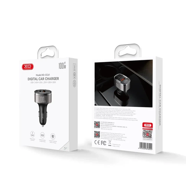 Автомобільний зарядний пристрій XO CC61 100W, USB-C + USB-A + Lightning, PD + QC, цифровий дисплей, швидка зарядка, чорний - Фото 2 Автомобільний зарядний пристрій XO CC61 100W, USB-C + USB-A + Lightning, PD + QC, цифровий дисплей, швидка зарядка, чорний - зображення 2