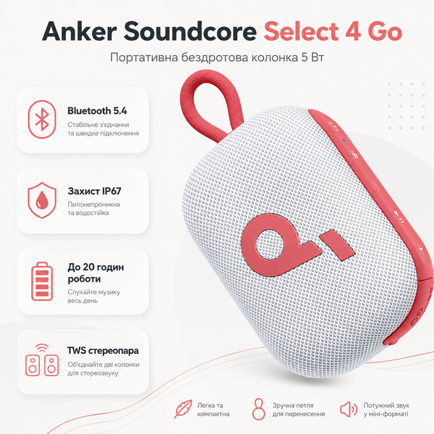 Портативна бездротова колонка Anker SoundCore Select 4 Go 5W Bluetooth 5.4 IP67 Red (A31X1091) - зображення 2