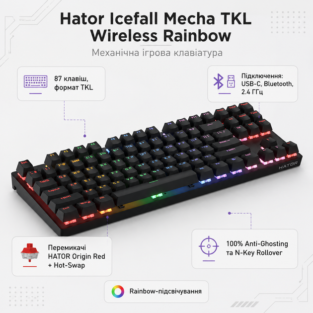 Клавіатура ігрова Hator Icefall Mecha TKL Wireless Rainbow механічна 87 клавіш Red Switch Black (HTK287UA) - зображення 2