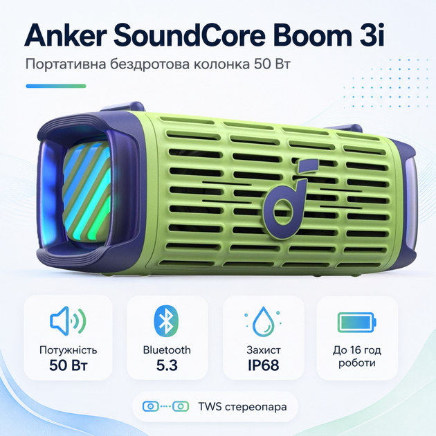 Портативна бездротова колонка Anker SoundCore Boom 3i 50W Bluetooth 5.3 IP68 Green (D5100060) - зображення 2