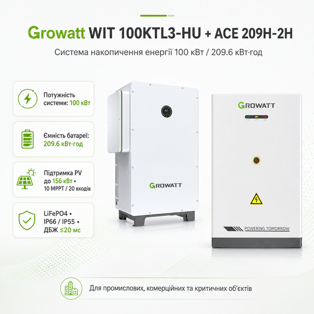 Система накопичення енергії Growatt WIT 100KTL3-HU + ACE 209H-2H 100 кВт 209.6 кВт·год White - зображення 2