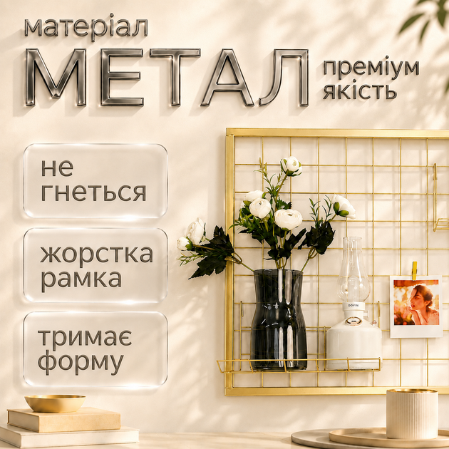Мудборд в золотой рамке 63×48 см металлическая декоративная сетка для фото заметок украшений и организации настенная - Фото 4 Мудборд в золотой рамке 63×48 см металлическая декоративная сетка для фото заметок украшений и организации настенная - изображение 4