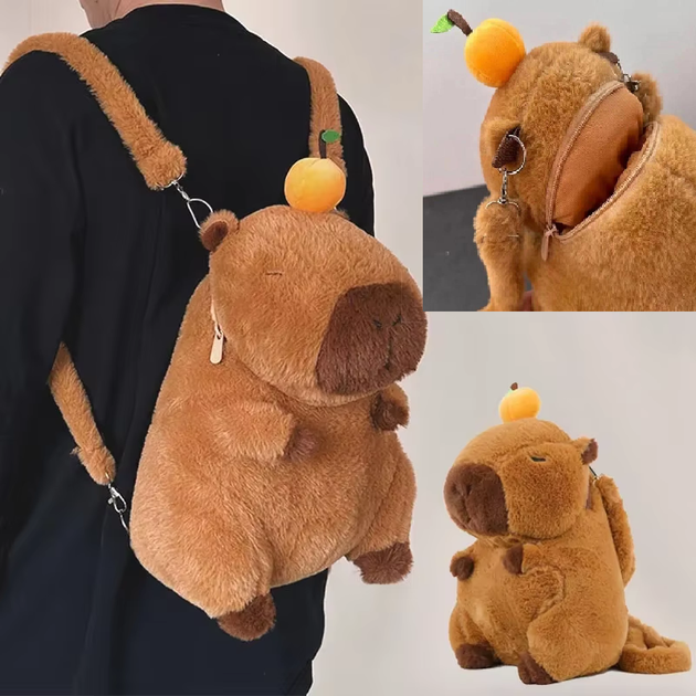 Плюшевая капибара сумка рюкзак мягкая игрушка capybara тренд с мандаринкой на голове 40 см - изображение 4