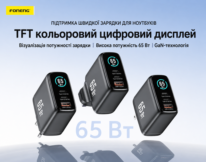Зарядное устройство Foneng Display HuB 65W GaN мощное универсальное с индикатором заряда портативный адаптер с быстрой зарядкой блок питания USB-A и USB-C энергоэффективный для телефонов планшета айфона и самсунга Apple iPhone Samsung - изображение 9
