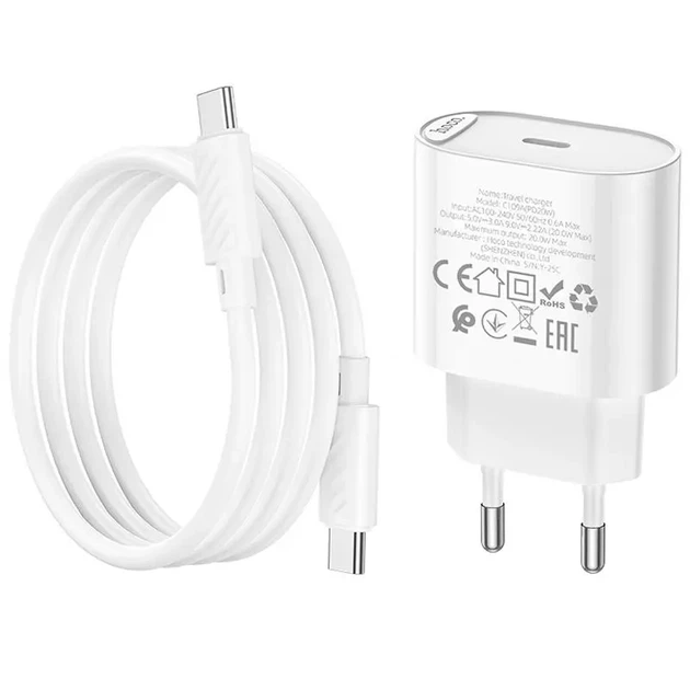 Зарядне Hoco C109A 1xType-C PD20W QC3.0 з кабелем Type-C біле - изображение 2