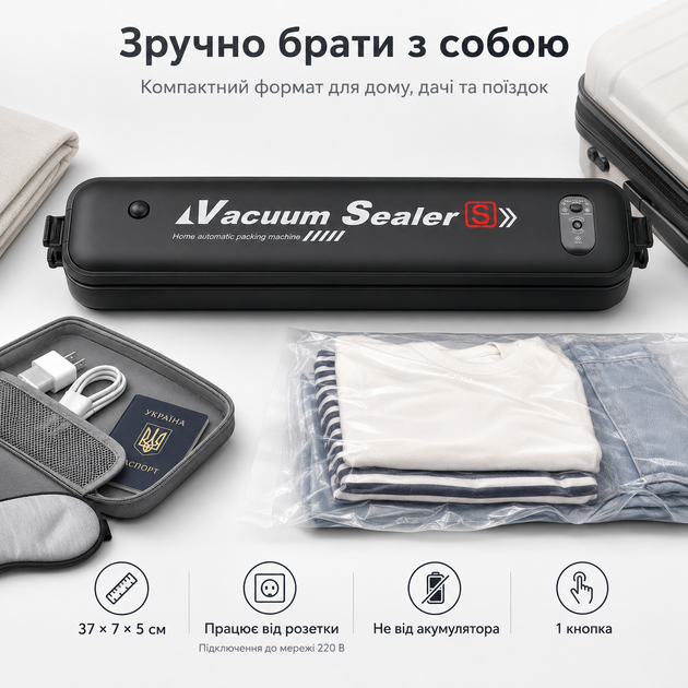 Вакуумний пакувальник для продуктів Vacuum Sealer S 220 В для сухих і вологих продуктів, компактний вакууматор для дому - зображення 3