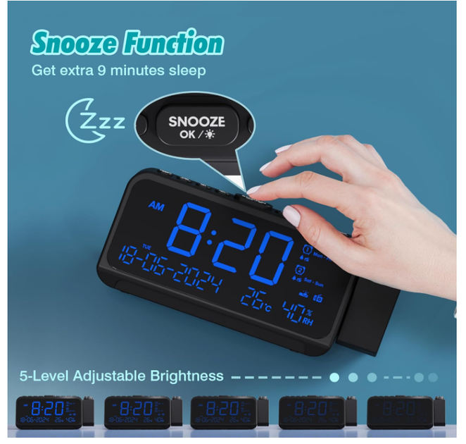 Будильник с проекцией времени Radio Alarm Clock, цифровые настольные часы с USB/Type-C, двойной будильник, температура и дата - изображение 5