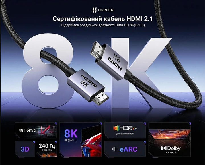 Кабель HDMI 2.1 UGREEN HD171 1 м 48 Гбіт/с, 8K 60Hz / 4K 240Hz, HDR10+, eARC, VRR (чорний) - Фото 4 Кабель HDMI 2.1 UGREEN HD171 1 м 48 Гбіт/с, 8K 60Hz / 4K 240Hz, HDR10+, eARC, VRR (чорний) - зображення 4