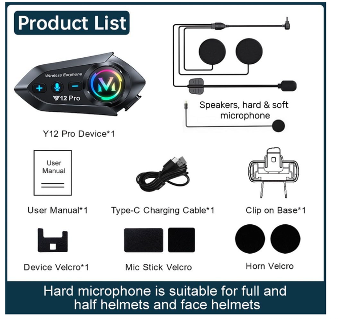 Мото Bluetooth гарнітура Y12 Pro Intercom для шолома, 500 м, IPX6, шумозаглушення, музика, 20 год роботи, 1000 mAh - Фото 2 Мото Bluetooth гарнітура Y12 Pro Intercom для шолома, 500 м, IPX6, шумозаглушення, музика, 20 год роботи, 1000 mAh - зображення 2