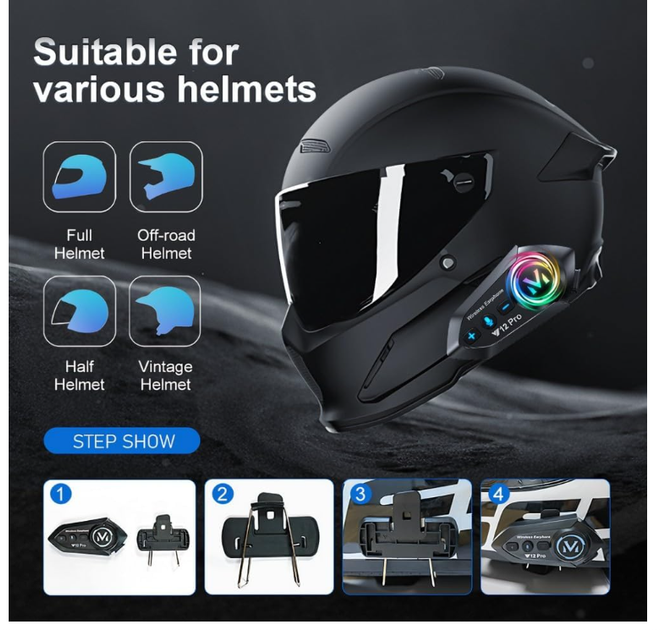 Мото Bluetooth гарнітура Y12 Pro Intercom для шолома, 500 м, IPX6, шумозаглушення, музика, 20 год роботи, 1000 mAh - Фото 4 Мото Bluetooth гарнітура Y12 Pro Intercom для шолома, 500 м, IPX6, шумозаглушення, музика, 20 год роботи, 1000 mAh - зображення 4