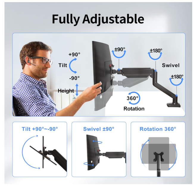 Кронштейн для монітора Suptek 13–32" | Настільне кріплення з газліфтом VESA 75×75 / 100×100 мм, навантаження до 9 кг - зображення 4