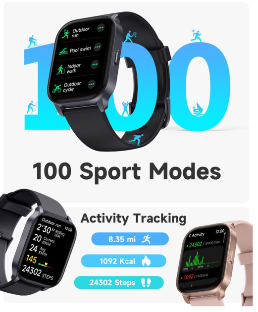 Смарт-часы TOOBUR Smart Watch универсальны для Android и iOS | Фитнес-браслет с звонками, пульсометром, 100 режимов, IP68 - изображение 3