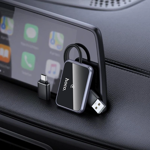 Адаптер автомобільний, бездротовий, Hoco HU1, CarPlay, USB/Type-C, Wi-fi, BT, 0.85m, metal grey - зображення 7