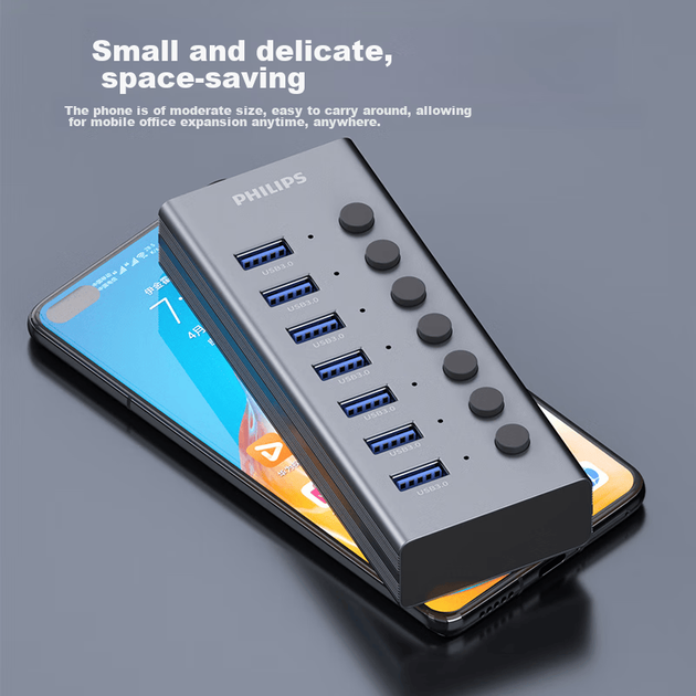 USB-концентратор PHILIPS 3.0, высокоскоростное расширение для ноутбуков и клавиатур/мышей, 7-портовый концентратор с адаптером питания 12 В 2 А. - изображение 8