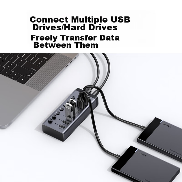 USB 3.0 концентратор-разветвитель UGREEN, высокоскоростная док-станция расширения, удлинительный кабель для жесткого диска, клавиатуры и мыши ноутбука и настольного компьютера с адаптером питания 12 В 2 А. - изображение 3