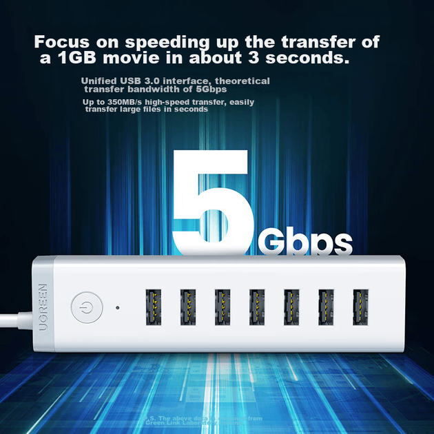 USB-концентратор UGREEN 3.0, высокоскоростной 7-портовый адаптер расширения, док-станция, удлинительный кабель, подходит для ноутбуков, настольных компьютеров, смартфонов, прошивки, группового управления, подключение одного устройства с блоком питания. - изображение 2