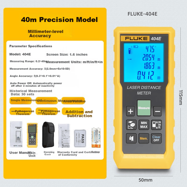 Ручной лазерный дальномер FLUKE 404E-40m, инфракрасный измеритель расстояния, измерительный инструмент, электронная линейка, лазерная линейка. - изображение 5