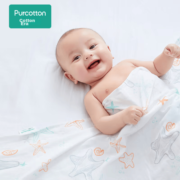 Пеленка PurCotton из хлопковой марли антибактериальная с морскими звездами, 120x120 см - изображение 4