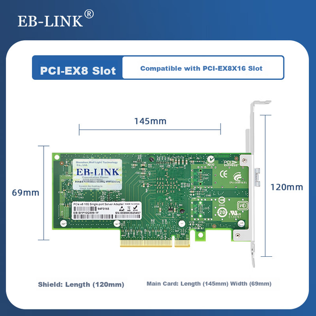 Сетевая карта EB-LINK на базе чипа Intel 82599, PCI-E X8 10G Gigabit с одним портом оптоволоконной связи, сетевой адаптер X520-DA1 SFP+ с оптическим портом для сервера. - изображение 5
