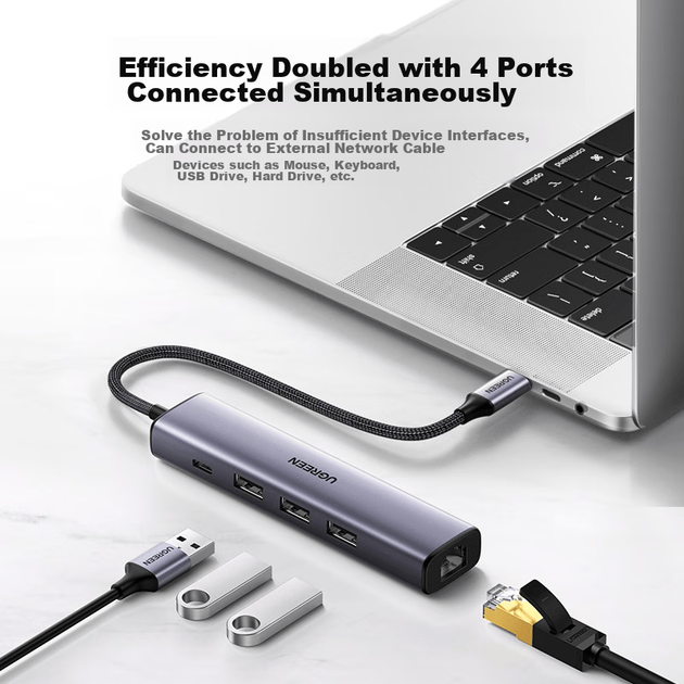 Док-станция расширения UGREEN Type-C с портом Ethernet, гигабитная док-станция расширения, преобразователь сетевых карт, адаптер Ethernet RJ45, универсальный адаптер Thunderbolt USB для ноутбуков Mac, Apple и Huawei. - изображение 6