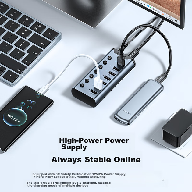 USB-концентратор SAMZHE USB 3.0, высокоскоростная док-станция расширения, концентратор для жесткого диска ноутбука, клавиатуры и мыши, 7-портовый удлинительный кабель для концентратора, 1 метр HB307 - изображение 6