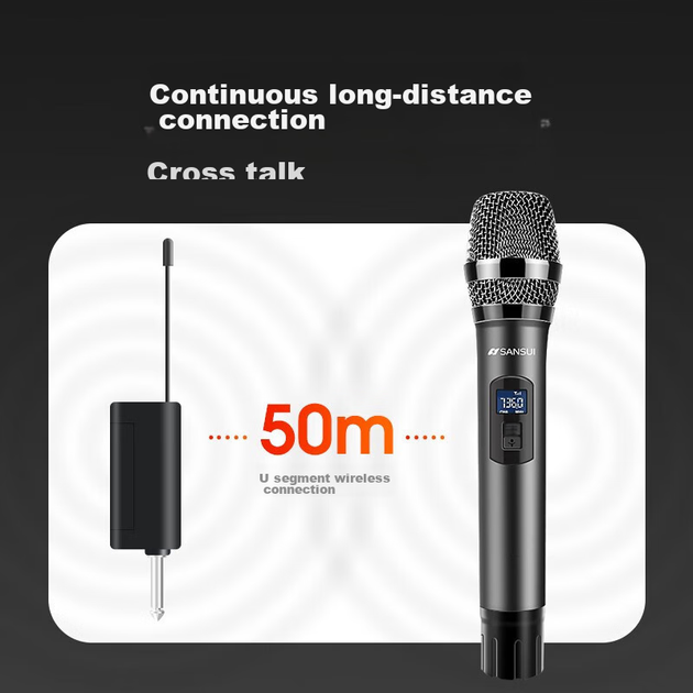Беспроводной FM-микрофон SANSUI True U-Range, металлический, двухканальный, профессиональный для домашнего караоке, пения, совещаний, выступлений и уличных звуковых систем. - изображение 10