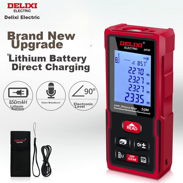 Дальномер DELIXI ELECTRIC, перезаряжаемый, с голосовым управлением, электронный измерительный прибор, бытовая электронная линейка, измеритель помещения, с красной подсветкой, 50 метров. - изображение 3