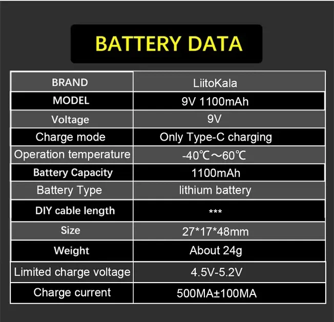 Акумулятор крона LiitoKala Li-Ion 9V 1100mAh, зарядка від USB Type-C - изображение 3