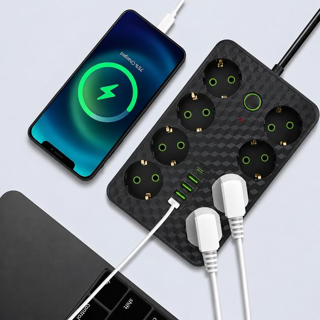 Мережевий фільтр-подовжувач електричний з USB- та Type-C-портами 3 метри 8 розеток із заземленням переноска для заряджання з кнопкою вимкнення Чорний - зображення 3
