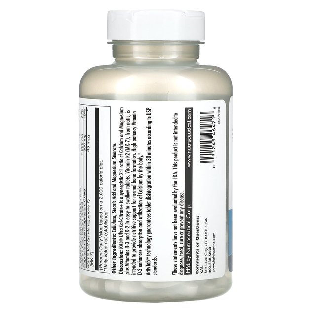 Цитрат кальцію з магнієм KAL "Ultra Cal-Citrate+" з вітамінами D3 та K2 (120 таблеток) - зображення 3