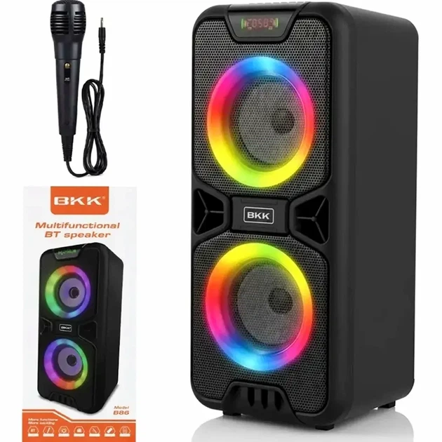 Портативная колонка 20 Вт 2 х 4 дюйма Bluetooth микрофон LED черный BKK B86 для музыки и караоке - Фото 1 Портативная колонка 20 Вт 2 х 4 дюйма Bluetooth микрофон LED черный BKK B86 для музыки и караоке - изображение 1