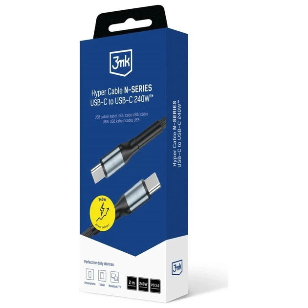 Кабель 3MK Hyper Cable N-SERIES USB-C to USB-C 2m 48V/5A 240W Black (5903108680233) - Фото 8 Кабель 3MK Hyper Cable N-SERIES USB-C to USB-C 2m 48V/5A 240W Black (5903108680233) - изображение 8