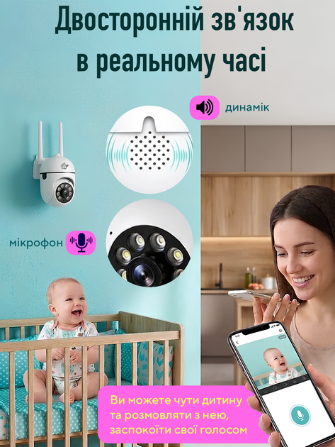 Видеоняня цифровая wifi радионяня беспроводная регулируемая ip камера видеонаблюдения видео няня 360 градусов с подключением к телефону веб камера видеоняни ночного видения датчик движения с микрофоном и динамиком А1 Smart baby monitor - изображение 4