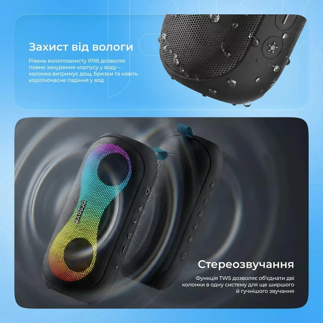 Портативная акустика TWS Proove SoundTrap III 30W BT5.3 LED 5200mAh IPX6 APP черный - изображение 6